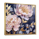 Pink Retro Peonies On Blue - Floral Canvas Wall Art