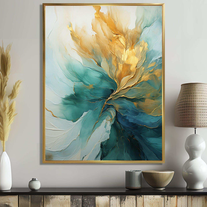Gold And Teal Aurora Harmony - Abstract Canvas Wall Art