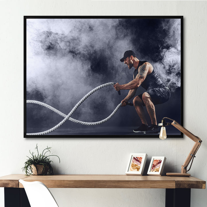 Tattooed Bearded Male Exercising - Aerobic &amp; Bodybuilding Canvas Wall Art