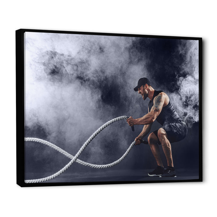 Tattooed Bearded Male Exercising - Aerobic &amp; Bodybuilding Canvas Wall Art