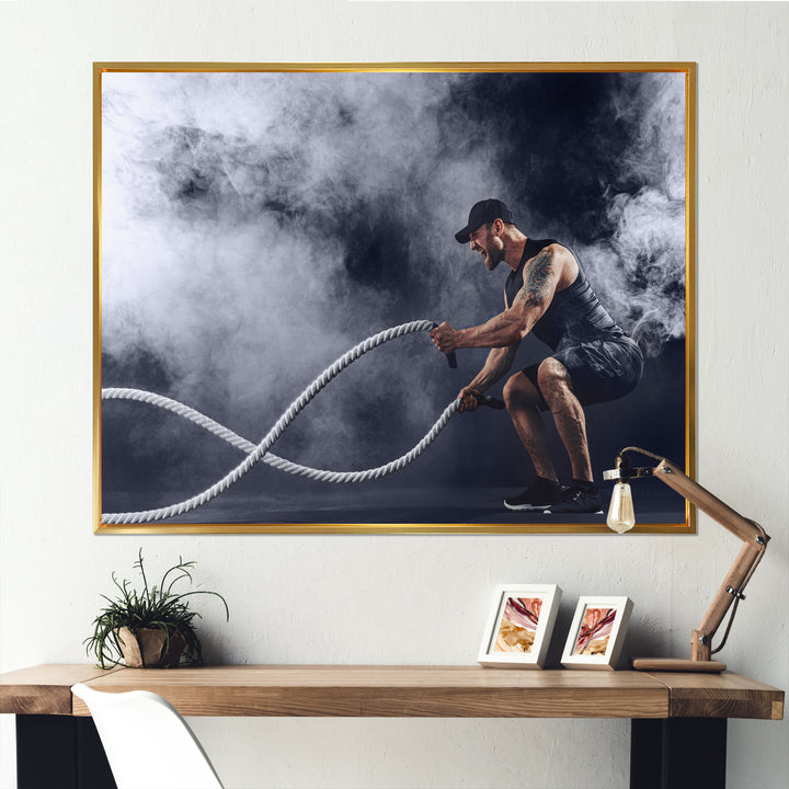 Tattooed Bearded Male Exercising - Aerobic &amp; Bodybuilding Canvas Wall Art