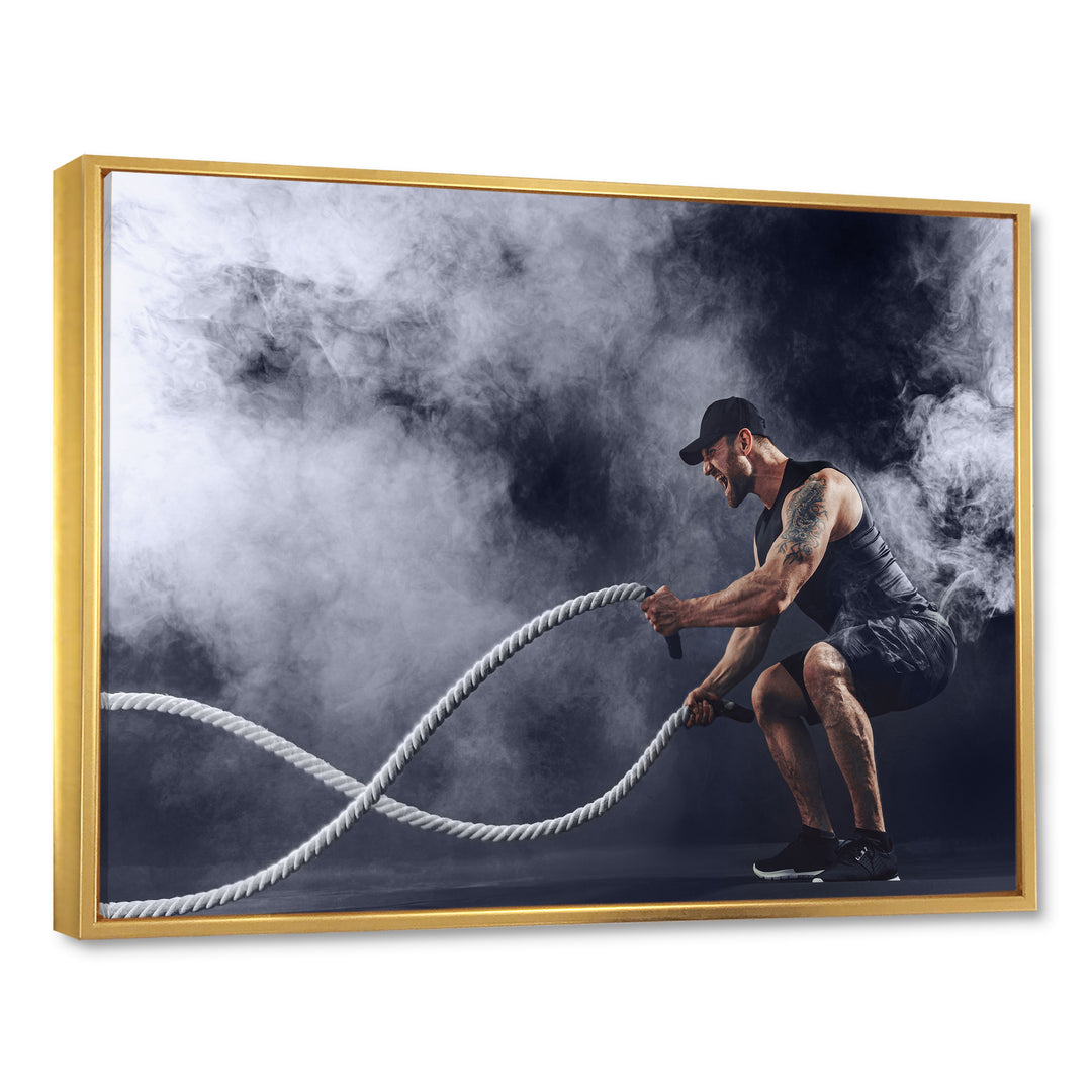 Tattooed Bearded Male Exercising - Aerobic &amp; Bodybuilding Canvas Wall Art