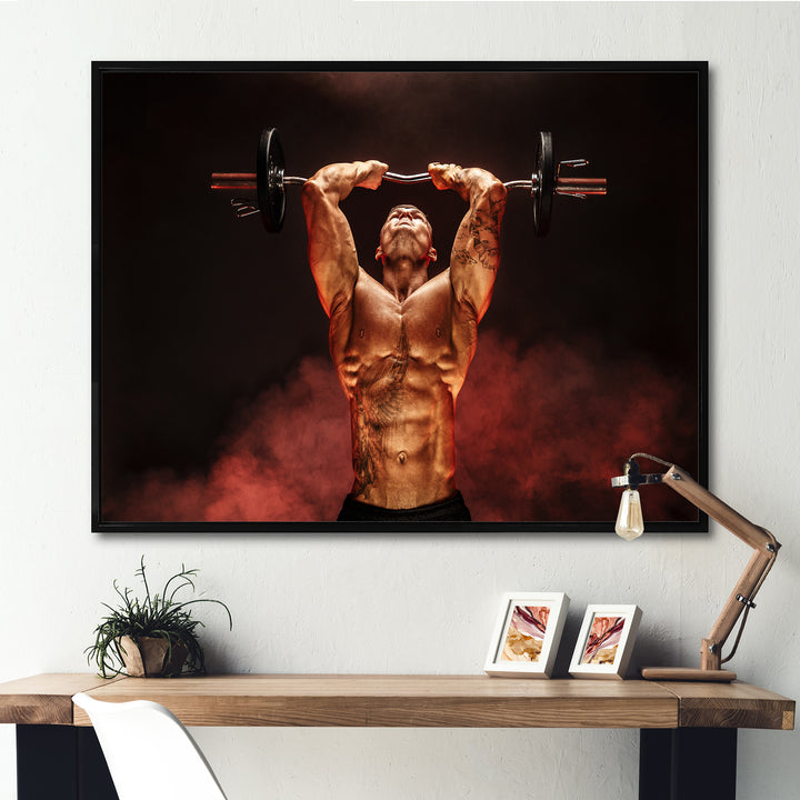 Man Lifting Dumbbell Red Fog - Aerobic &amp; Bodybuilding Canvas Wall Art