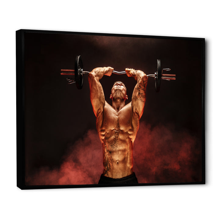 Man Lifting Dumbbell Red Fog - Aerobic &amp; Bodybuilding Canvas Wall Art