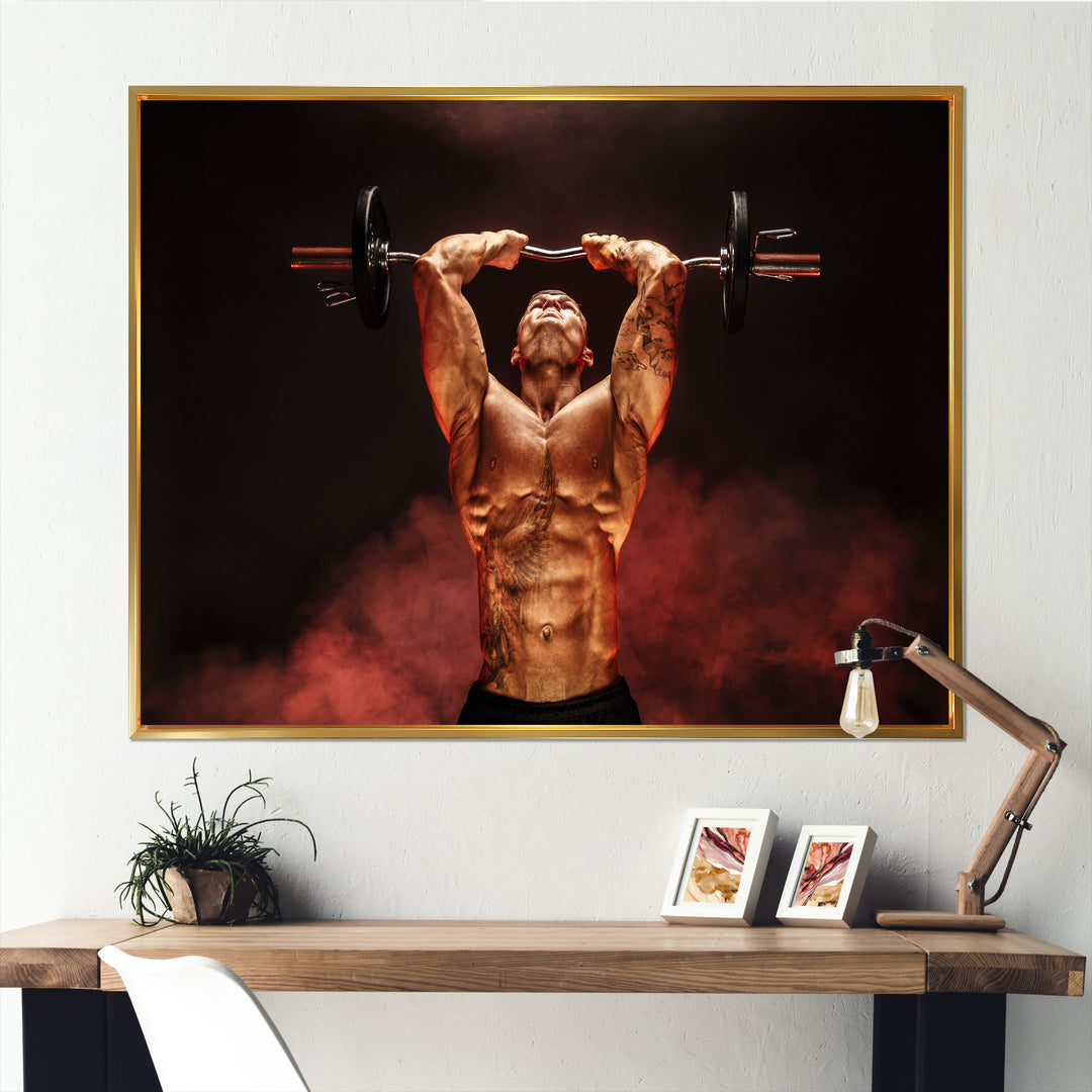 Man Lifting Dumbbell Red Fog - Aerobic &amp; Bodybuilding Canvas Wall Art