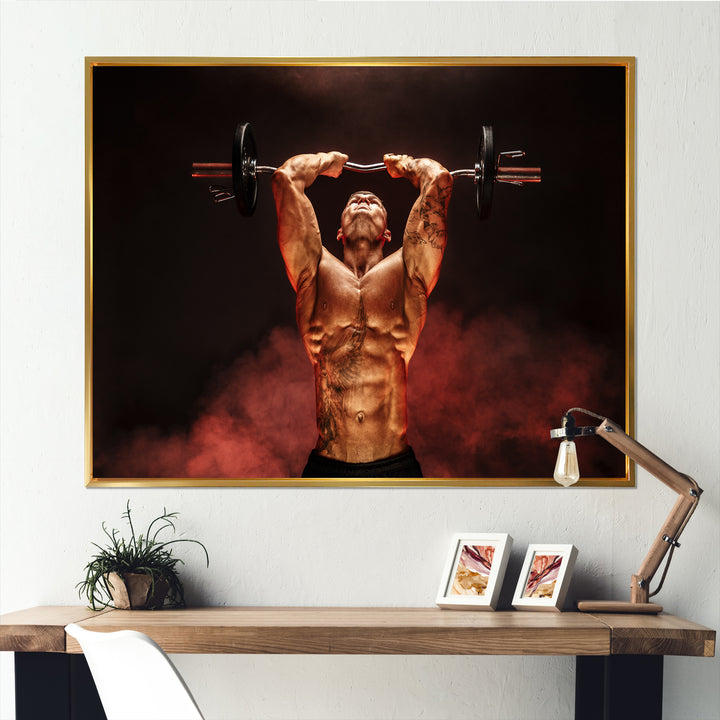 Man Lifting Dumbbell Red Fog - Aerobic &amp; Bodybuilding Canvas Wall Art