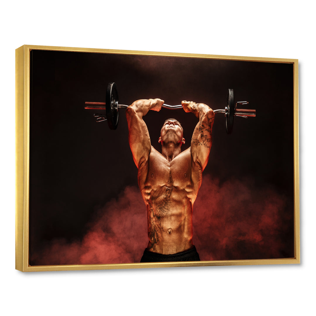 Man Lifting Dumbbell Red Fog - Aerobic &amp; Bodybuilding Canvas Wall Art