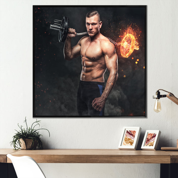 Muscular Athletic Male Holds Burning Barbell - Aerobic &amp; Bodybuilding Canvas Wall Art