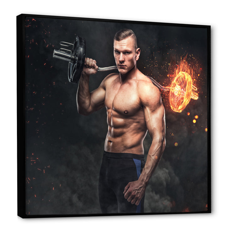 Muscular Athletic Male Holds Burning Barbell - Aerobic &amp; Bodybuilding Canvas Wall Art