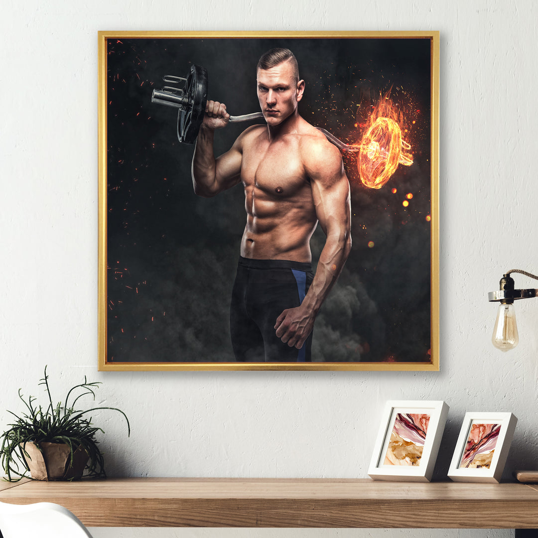 Muscular Athletic Male Holds Burning Barbell - Aerobic &amp; Bodybuilding Canvas Wall Art