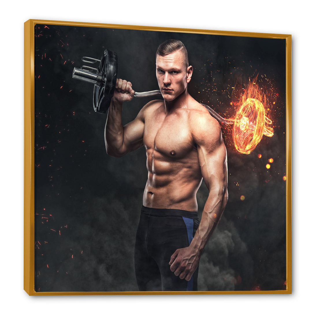Muscular Athletic Male Holds Burning Barbell - Aerobic &amp; Bodybuilding Canvas Wall Art