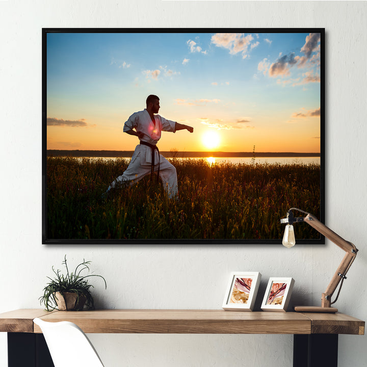 Man Training Karate In Field At Sunrise - Aerobic &amp; Bodybuilding Canvas Wall Art