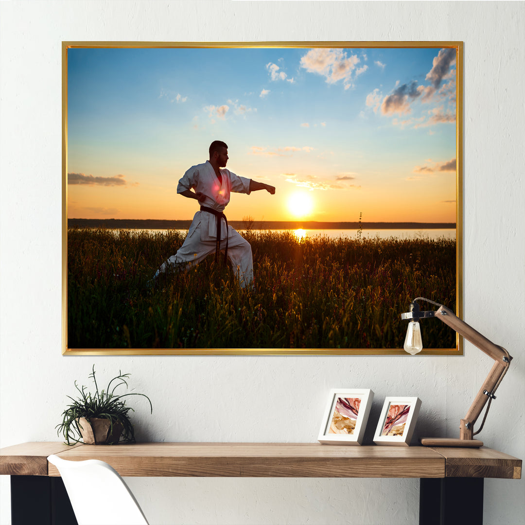 Man Training Karate In Field At Sunrise - Aerobic &amp; Bodybuilding Canvas Wall Art