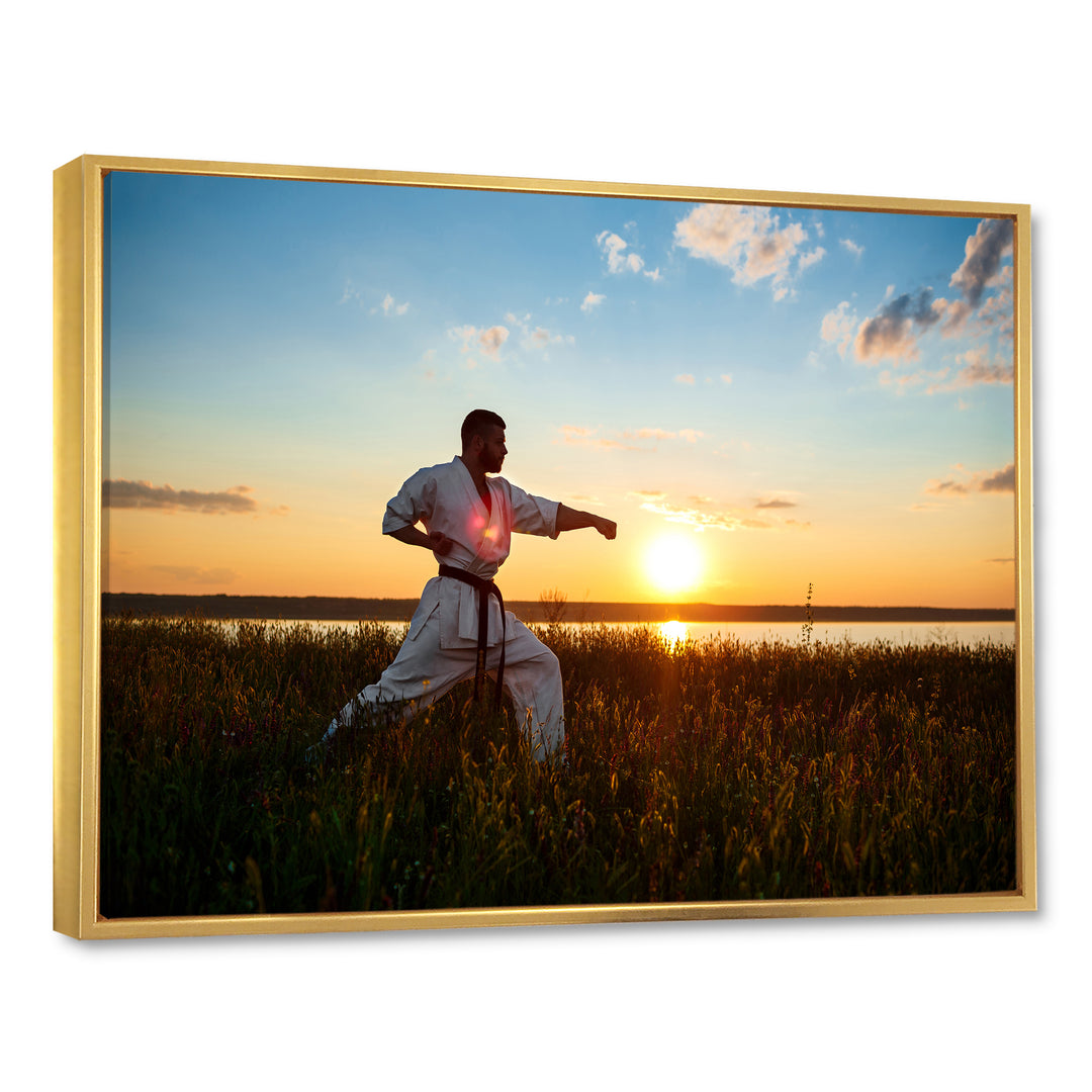 Man Training Karate In Field At Sunrise - Aerobic &amp; Bodybuilding Canvas Wall Art