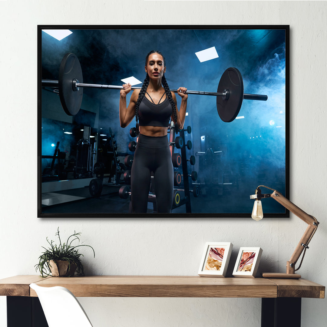 Woman Holding Barbell On Shoulders - Aerobic &amp; Bodybuilding Canvas Wall Art