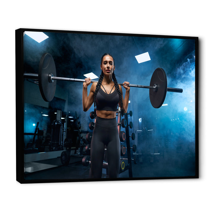 Woman Holding Barbell On Shoulders - Aerobic &amp; Bodybuilding Canvas Wall Art
