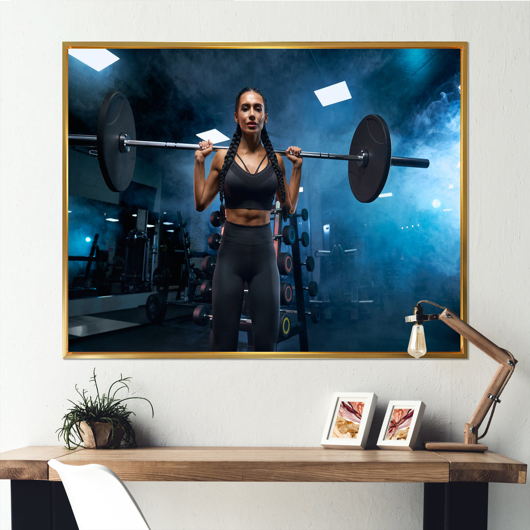Woman Holding Barbell On Shoulders - Aerobic &amp; Bodybuilding Canvas Wall Art