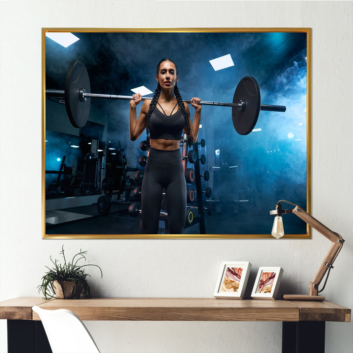 Woman Holding Barbell On Shoulders - Aerobic &amp; Bodybuilding Canvas Wall Art