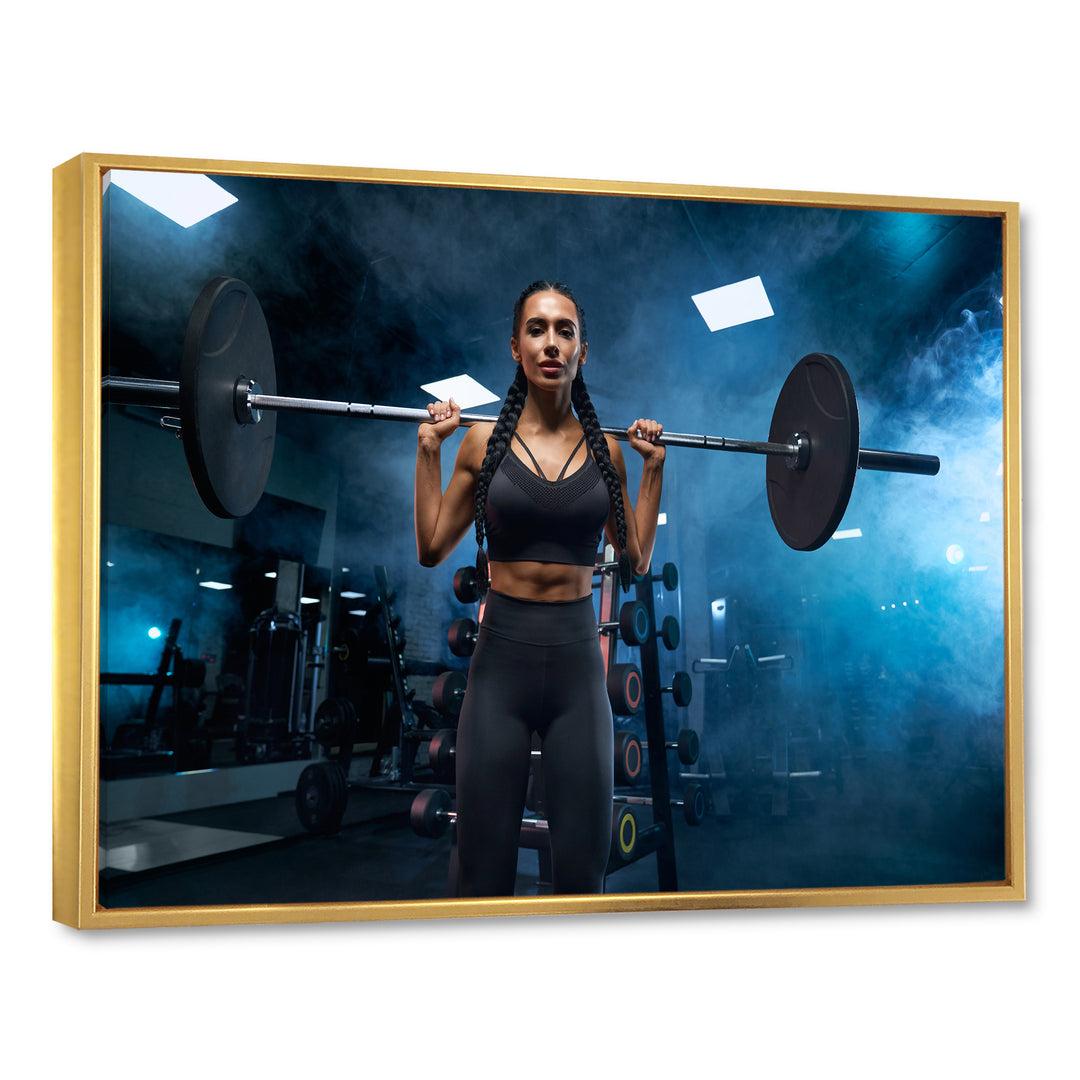 Woman Holding Barbell On Shoulders - Aerobic &amp; Bodybuilding Canvas Wall Art