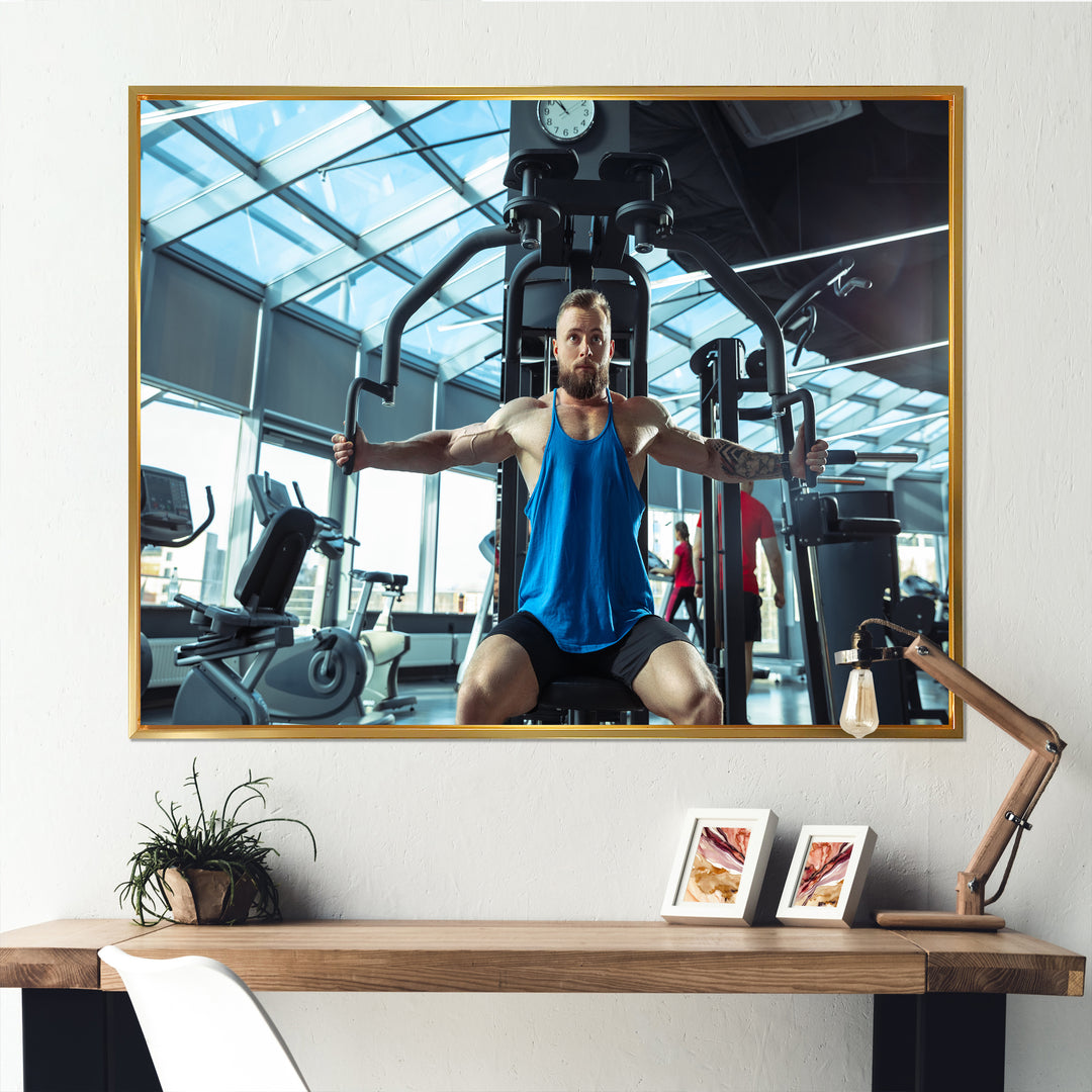 Caucasian Doing Strength Exercises - Aerobic &amp; Bodybuilding Canvas Wall Art
