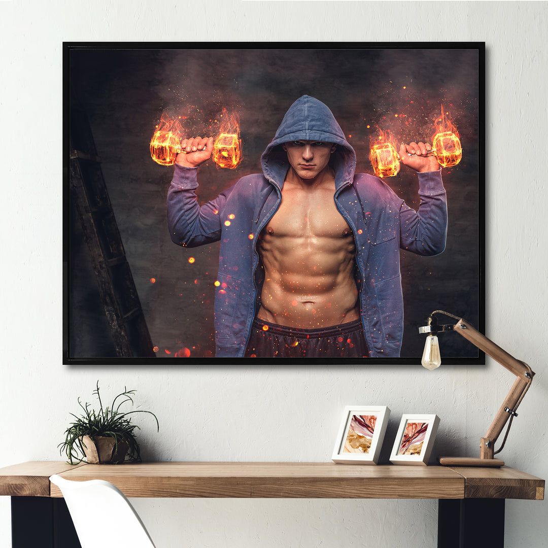 Builder Holds Burning Dumbbells - Aerobic &amp; Bodybuilding Canvas Wall Art