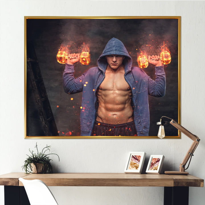Builder Holds Burning Dumbbells - Aerobic &amp; Bodybuilding Canvas Wall Art
