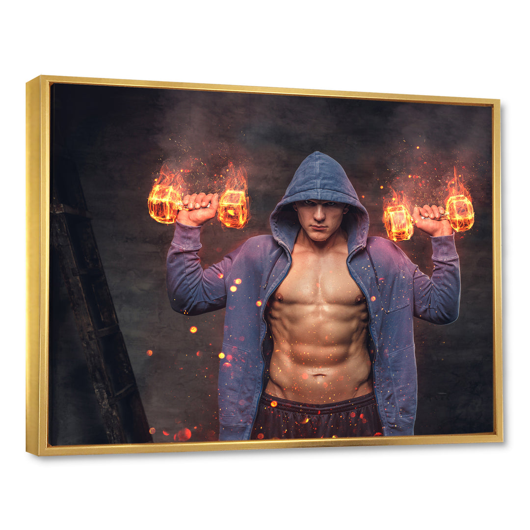 Builder Holds Burning Dumbbells - Aerobic &amp; Bodybuilding Canvas Wall Art
