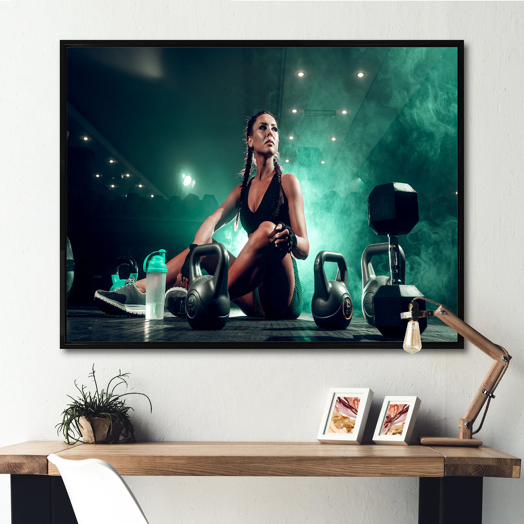 Female Athlete With Dumbbells - Aerobic &amp; Bodybuilding Canvas Wall Art