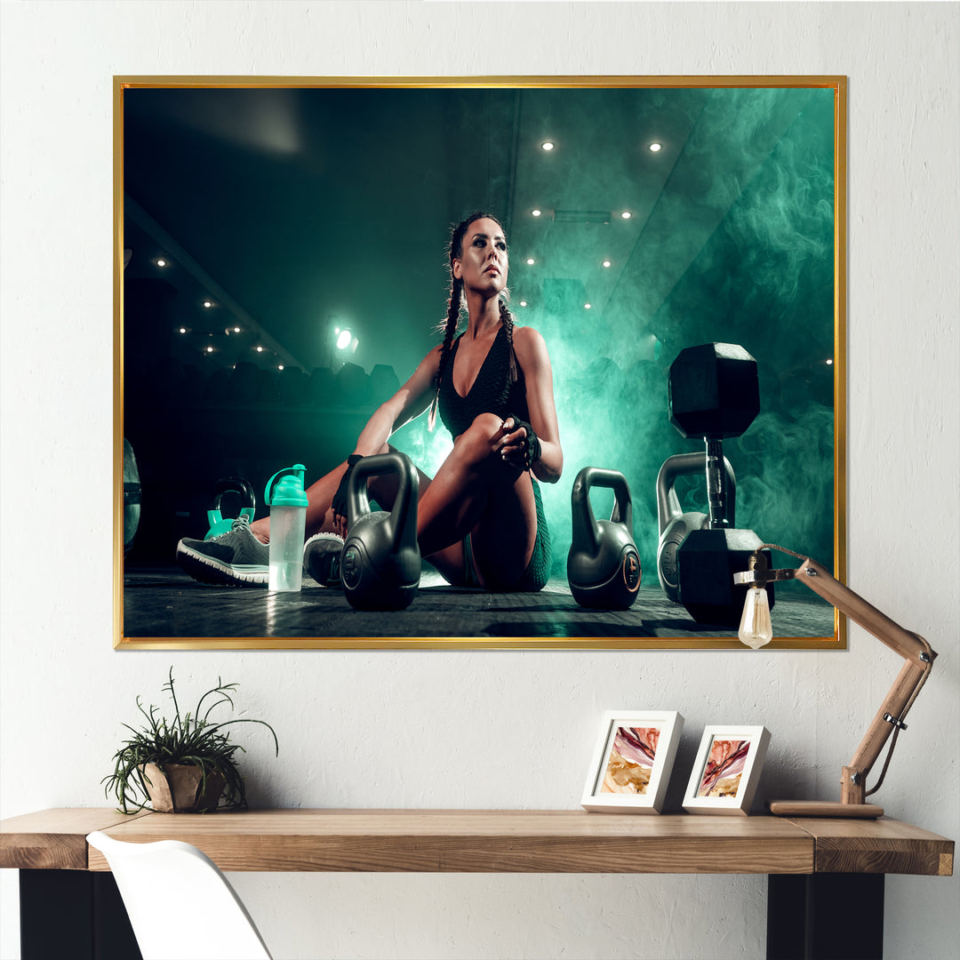 Female Athlete With Dumbbells - Aerobic &amp; Bodybuilding Canvas Wall Art