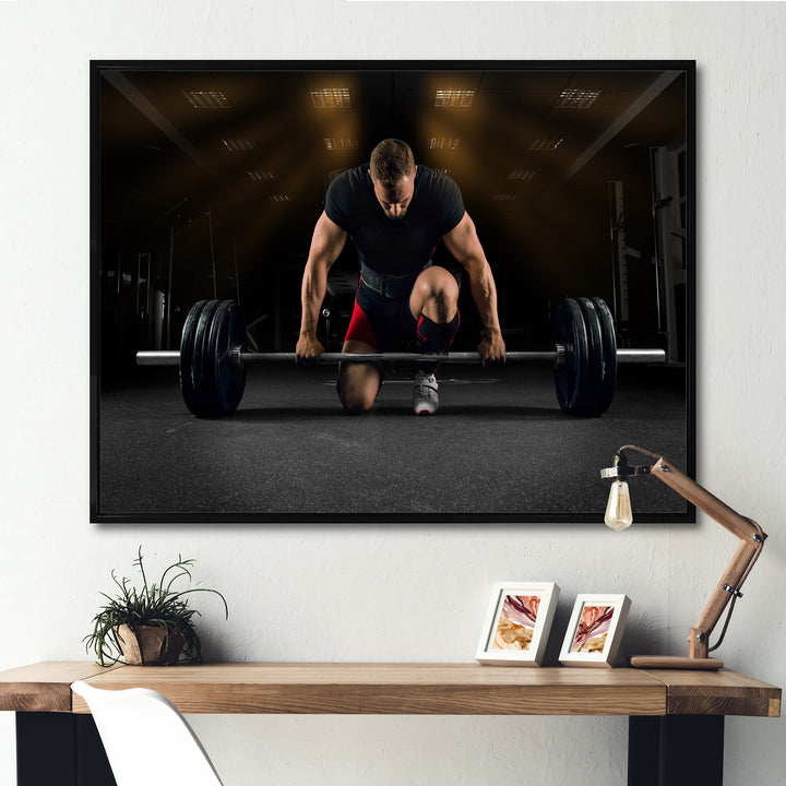 Athlete On Knee Preparing Make Deadlift - Aerobic &amp; Bodybuilding Canvas Wall Art