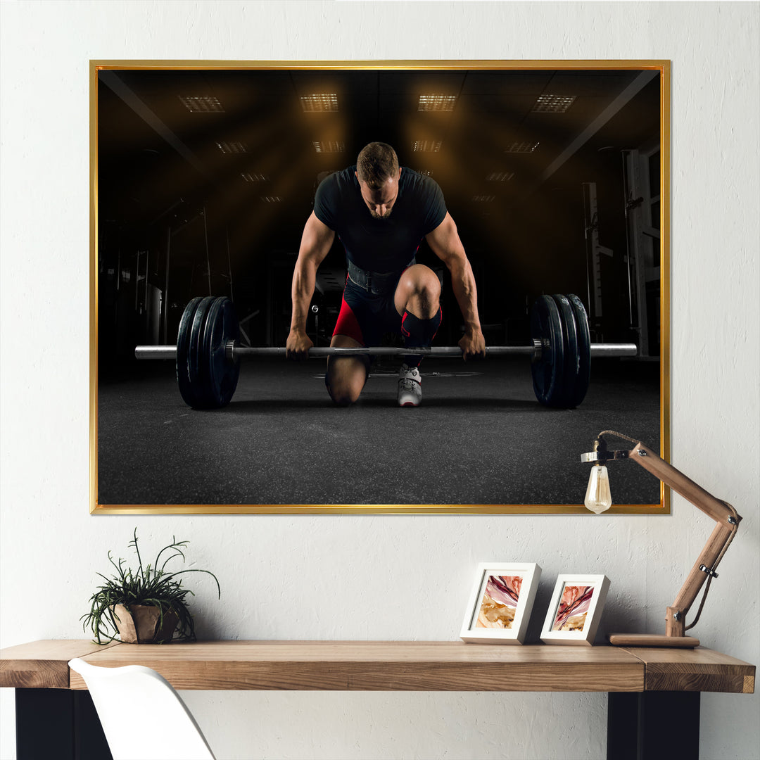 Athlete On Knee Preparing Make Deadlift - Aerobic &amp; Bodybuilding Canvas Wall Art
