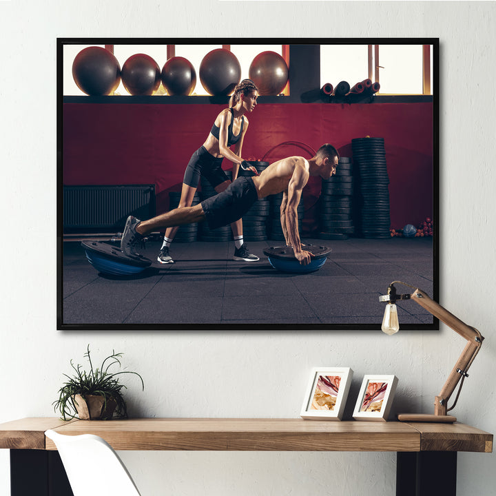 Athletic Man Woman With Dumbbells - Aerobic &amp; Bodybuilding Canvas Wall Art