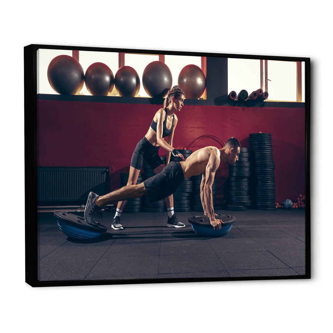 Athletic Man Woman With Dumbbells - Aerobic &amp; Bodybuilding Canvas Wall Art
