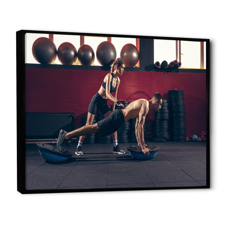 Athletic Man Woman With Dumbbells - Aerobic &amp; Bodybuilding Canvas Wall Art