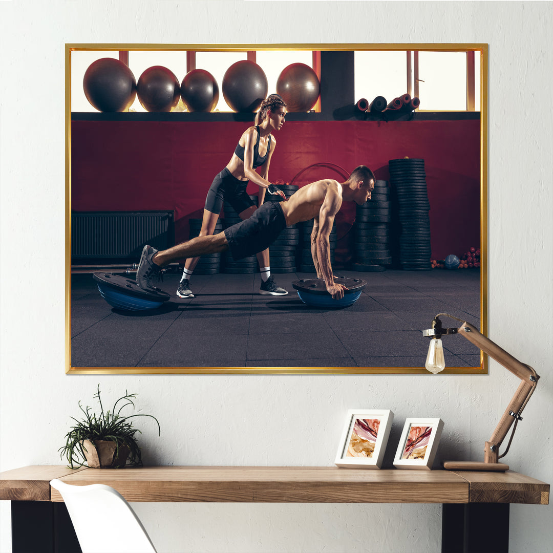 Athletic Man Woman With Dumbbells - Aerobic &amp; Bodybuilding Canvas Wall Art