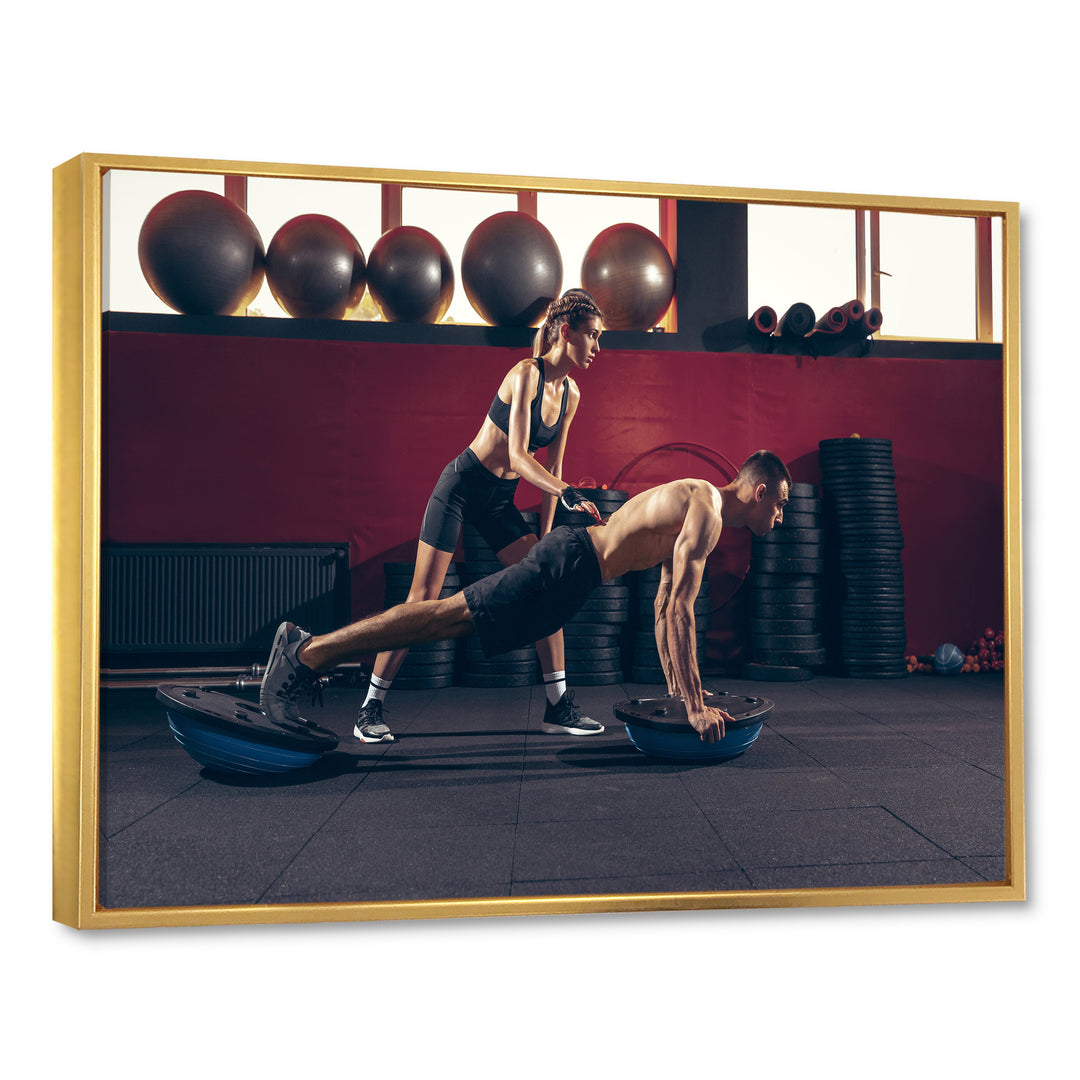 Athletic Man Woman With Dumbbells - Aerobic &amp; Bodybuilding Canvas Wall Art