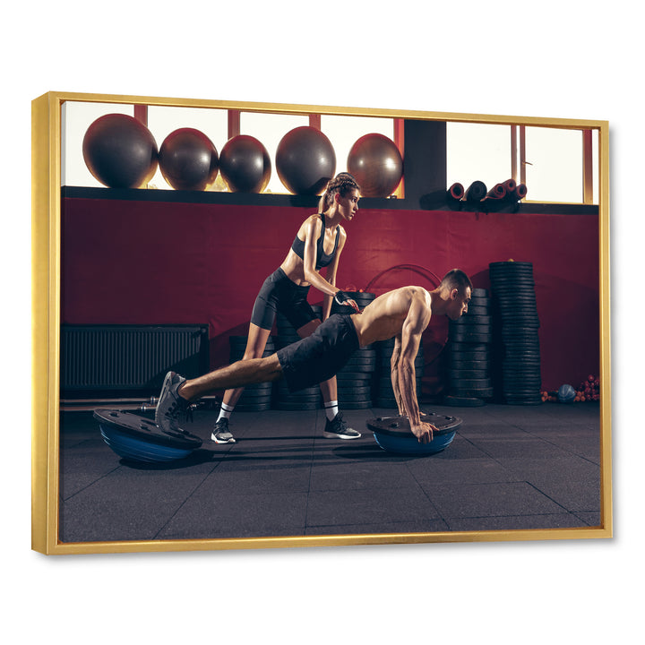 Athletic Man Woman With Dumbbells - Aerobic &amp; Bodybuilding Canvas Wall Art