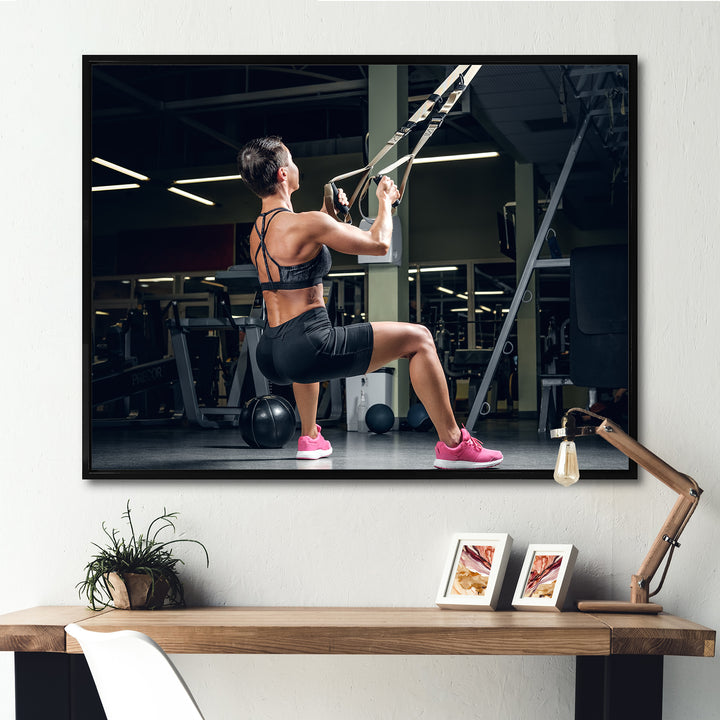 Athletic Woman Working Out With TRX Suspension Strips - Aerobic &amp; Bodybuilding Canvas Wall Art