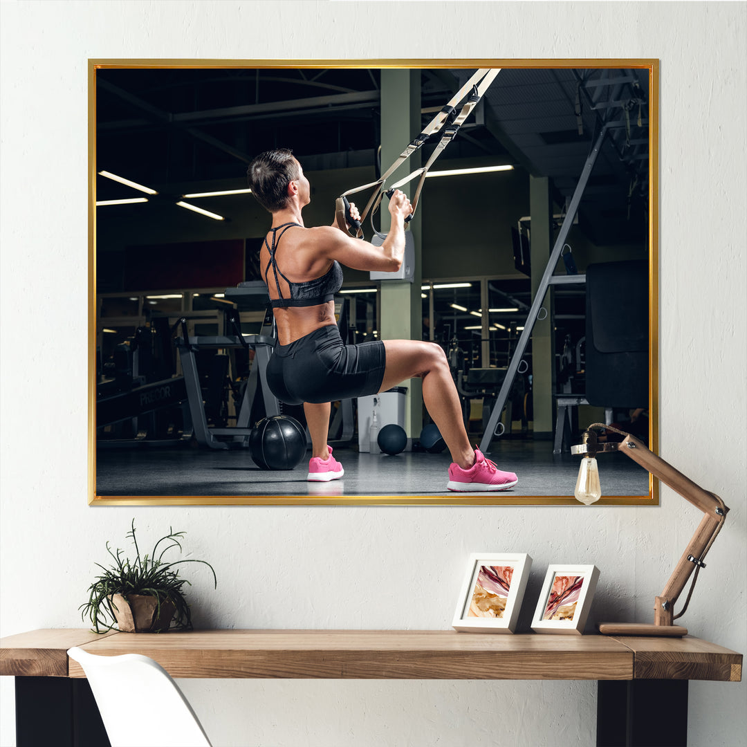 Athletic Woman Working Out With TRX Suspension Strips - Aerobic &amp; Bodybuilding Canvas Wall Art