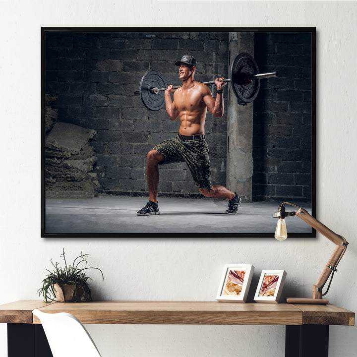 Man Is Doing Lunge With Barbell - Aerobic &amp; Bodybuilding Canvas Wall Art