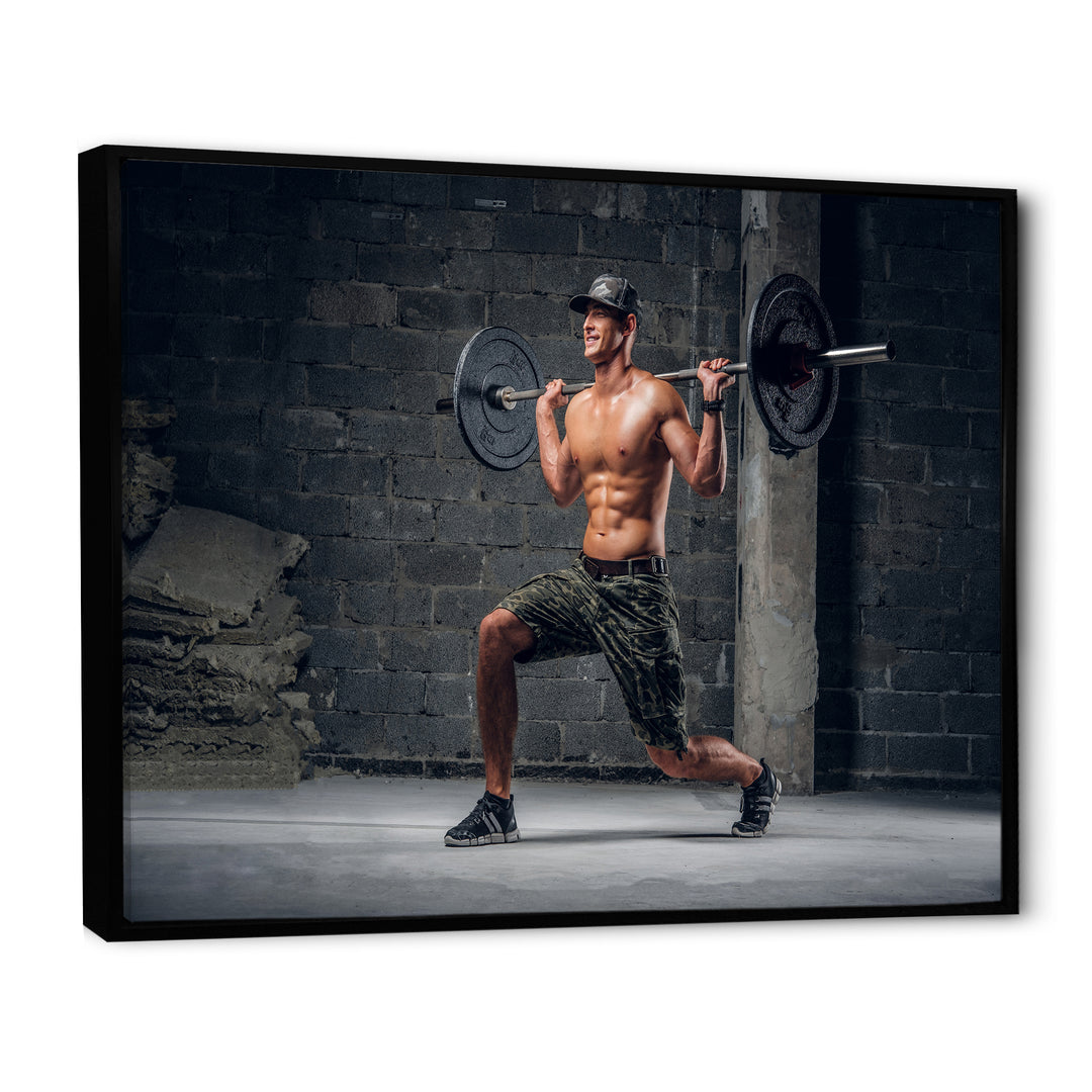 Man Is Doing Lunge With Barbell - Aerobic &amp; Bodybuilding Canvas Wall Art