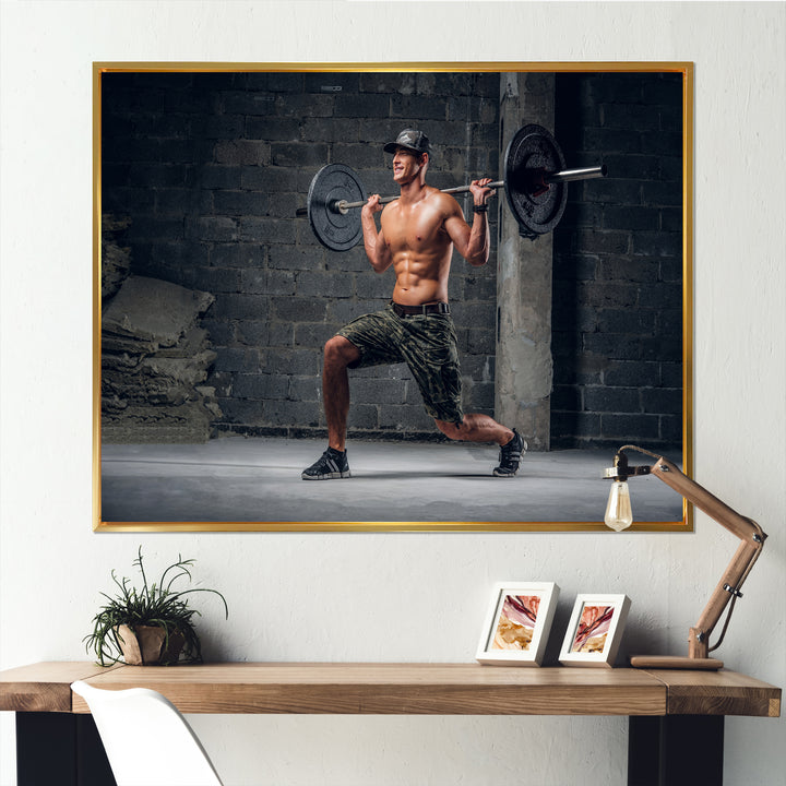 Man Is Doing Lunge With Barbell - Aerobic &amp; Bodybuilding Canvas Wall Art
