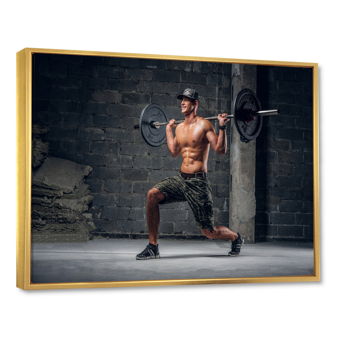 Man Is Doing Lunge With Barbell - Aerobic &amp; Bodybuilding Canvas Wall Art