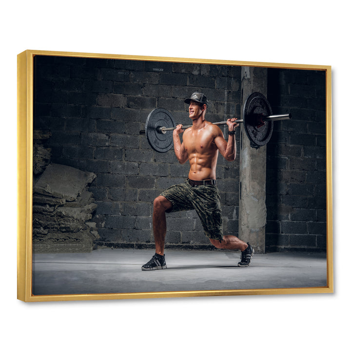 Man Is Doing Lunge With Barbell - Aerobic &amp; Bodybuilding Canvas Wall Art