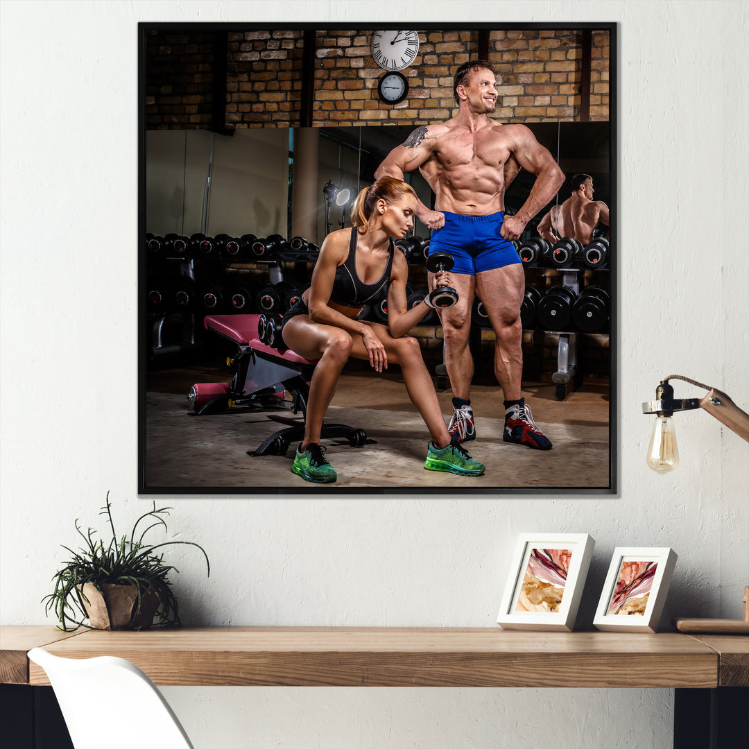 Sports Couple Is Working Out Gym - Aerobic &amp; Bodybuilding Canvas Wall Art