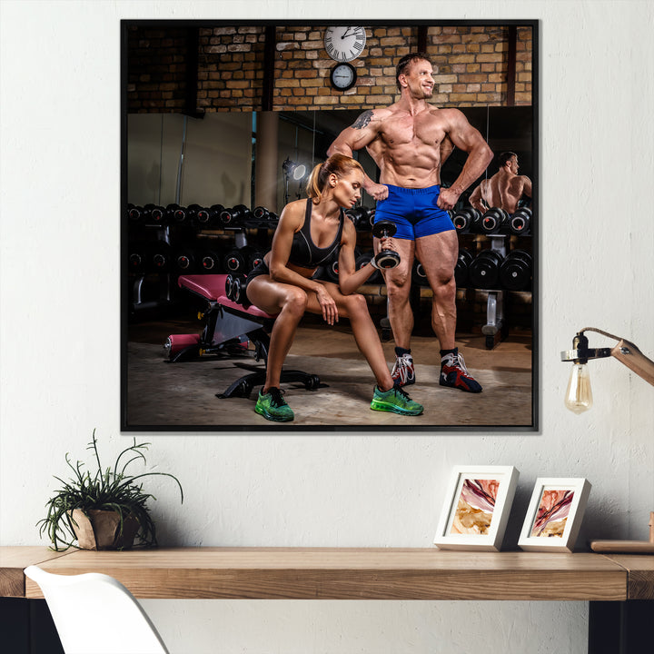 Sports Couple Is Working Out Gym - Aerobic &amp; Bodybuilding Canvas Wall Art