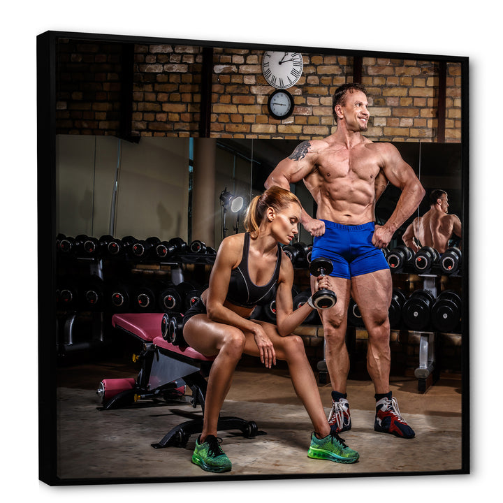 Sports Couple Is Working Out Gym - Aerobic &amp; Bodybuilding Canvas Wall Art