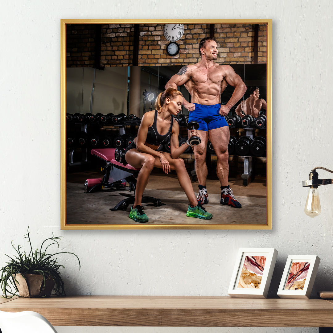 Sports Couple Is Working Out Gym - Aerobic &amp; Bodybuilding Canvas Wall Art