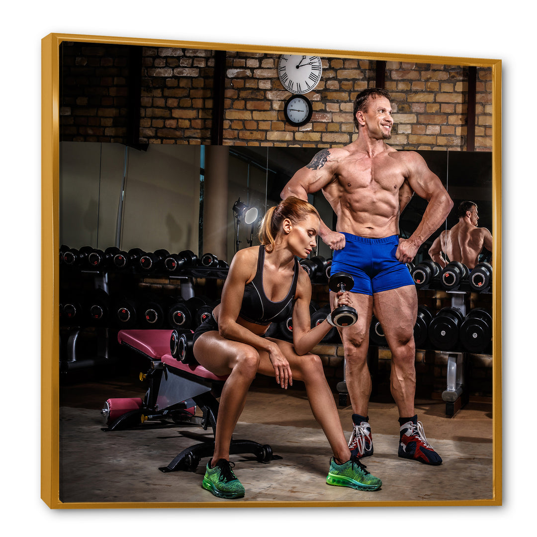 Sports Couple Is Working Out Gym - Aerobic &amp; Bodybuilding Canvas Wall Art