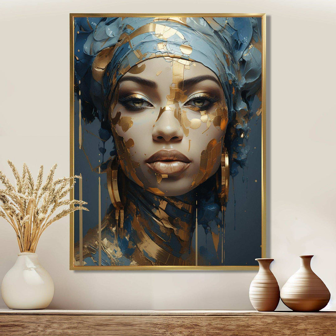 Blue And Gold African Woman Portrait - Landscapes Canvas Wall Art